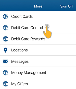 Debit Card Control Step 1 - Debit Card Control Link in Mobile App