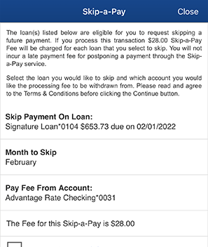 Skip a Payment - Loan Selection on Mobile App