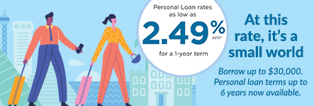 Personal Loan rates as low as 2.49% APR for a 1-year term. At this rate, it's a small world. Borrow up to $30,000. Personal loan terms up to 6 years now available.