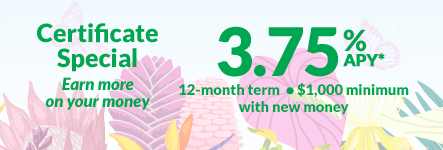Certificate Special. Earn more on your money. 3.75% APY* 12-month term, $1,000 minimum with new money